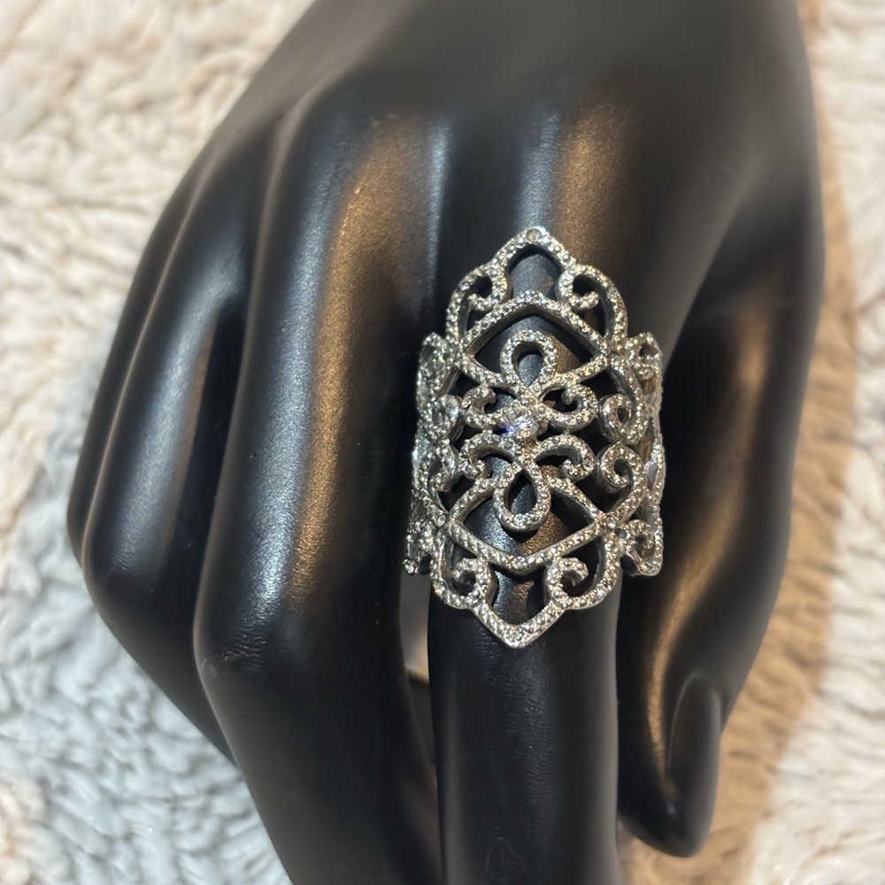 Silver Tone Stainless Steel Marcasite Filigree Ring  Rhinestone 8 or 9
